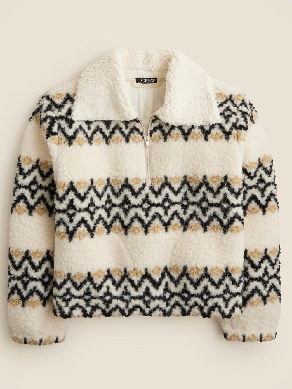 J.Crew Cream Black and Tan Zigzag Sherpa Half-Zip Jacket